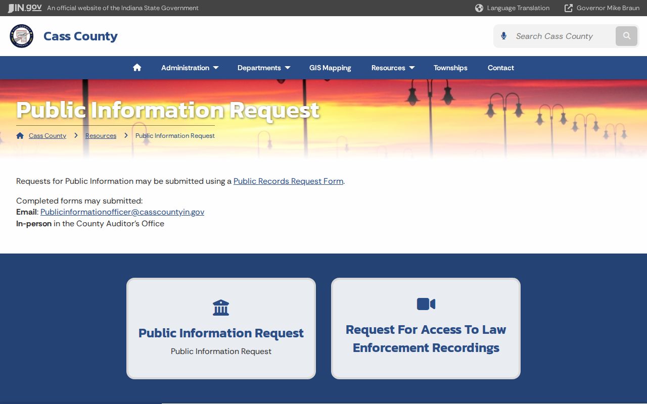 Cass County booking record and mugshot public information request page